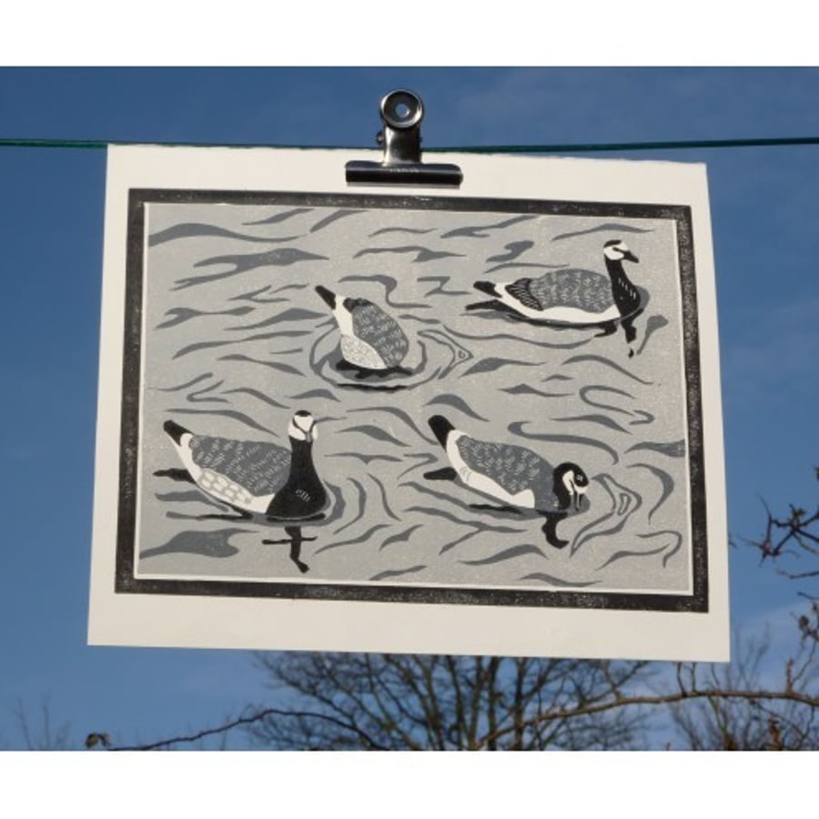 Original lino cut print "Bottoms up!"