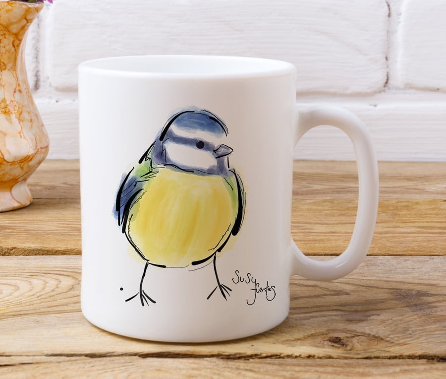 Blue Tit Bird Mug, Enchanting Blue T Mug, Garden Bird Mug by Artist Susy Fuentes