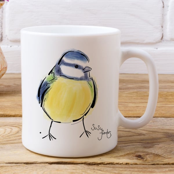 Blue Tit Bird Mug, Enchanting Blue T Mug, Garden Bird Mug by Artist Susy Fuentes