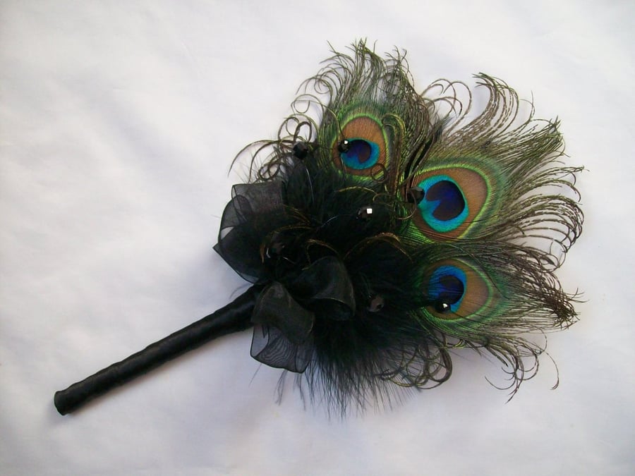 Black Peacock Feather Fairy Wand Mini Bouquet for a Bridesmaid Gothic Wedding 