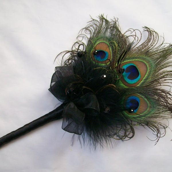 Black Peacock Feather Fairy Wand Mini Bouquet for a Bridesmaid Gothic Wedding 