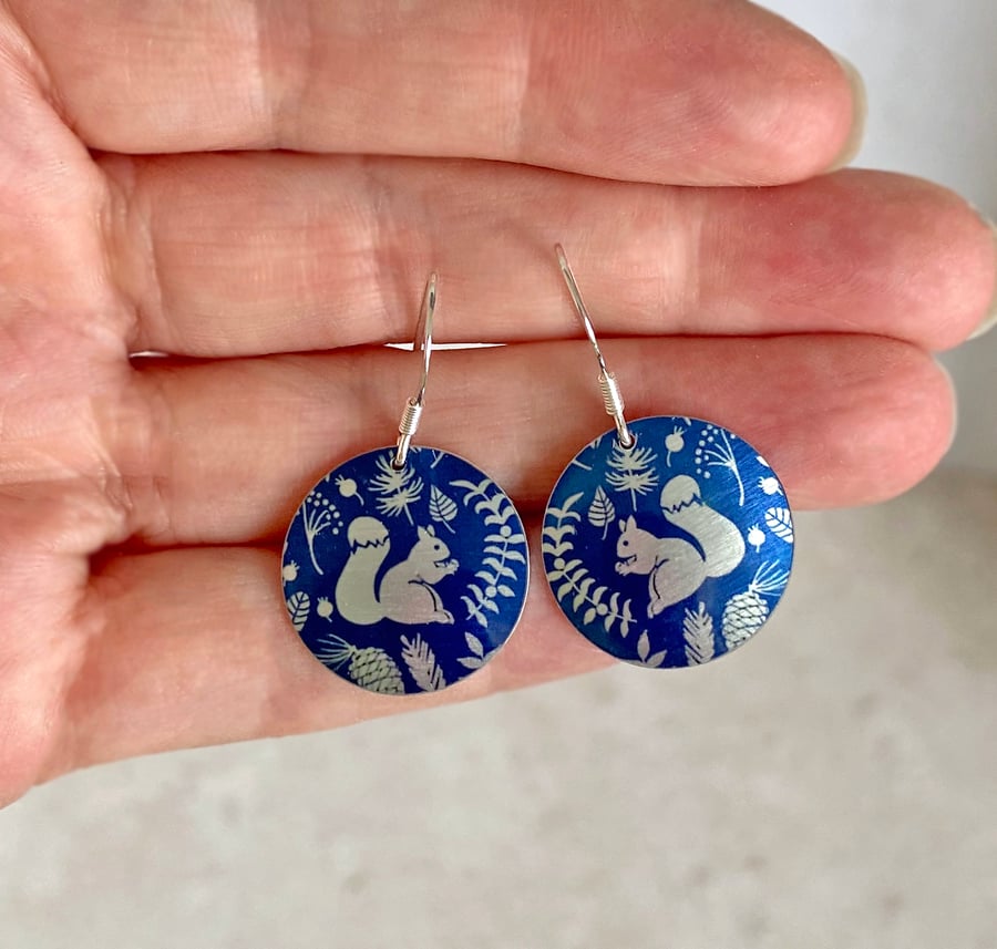 Earrings with tiny squirrels, drop dangle discs, sterling silver ear wires (380)