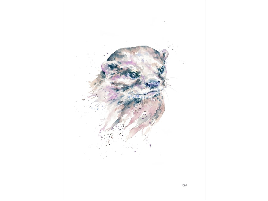 Otter watercolour print, painting, British wildlife, woodland, river