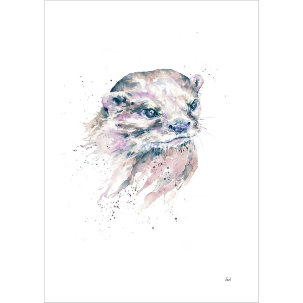 Otter watercolour print, painting, British wildlife, woodland, river