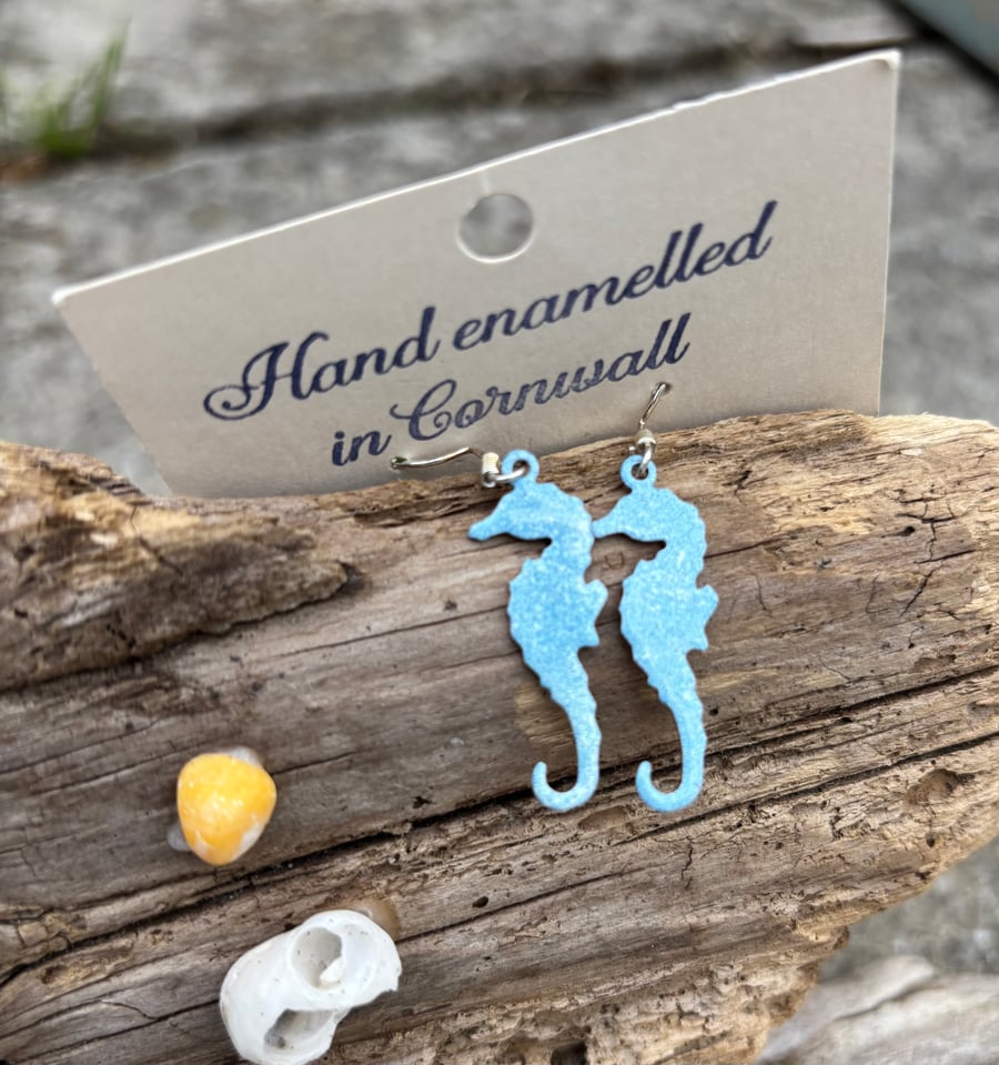 Hand enamelled seahorse earrings on sterling silver ear hooks 