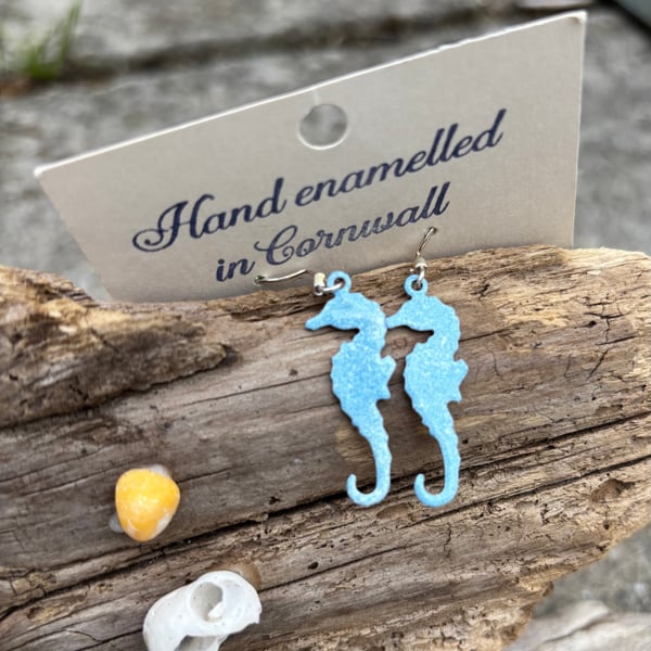 Hand enamelled seahorse earrings on sterling silver ear hooks 