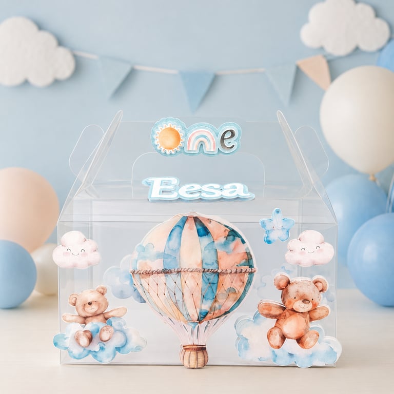 Personalised Teddy Bear Hot Air Balloon Clear Party Boxes, Set of 6
