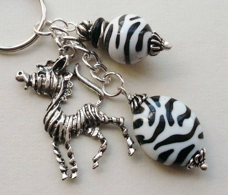 Keyring Bag Charm Black and White Zebra Print Beaded Silver  KCJ1730
