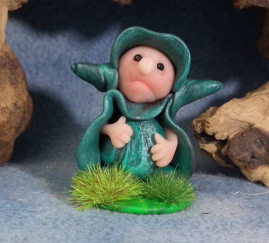 Tiny Meadow Gnome on grassy tableau OOAK Sculpt by Ann Galvin