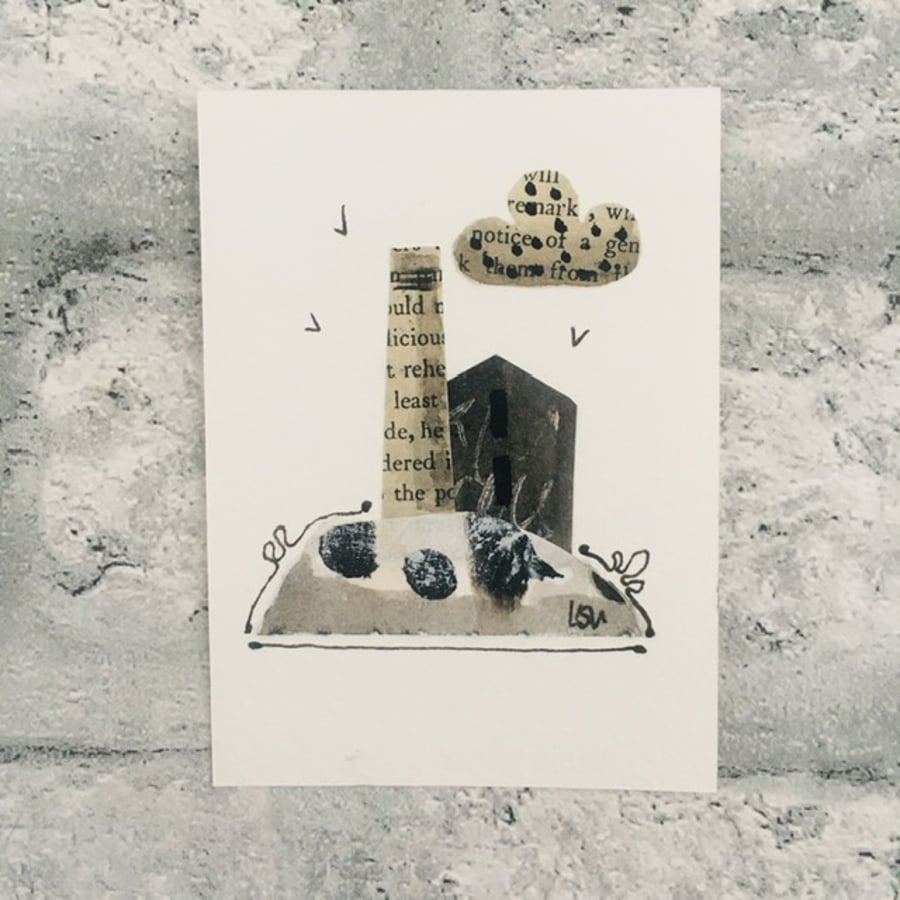 Original art ACEO in watercolour and collage Cornish tin mine 