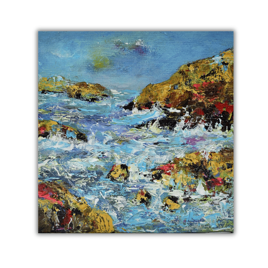 Framed landscape painting - coast - coastal landscape - rough seas.