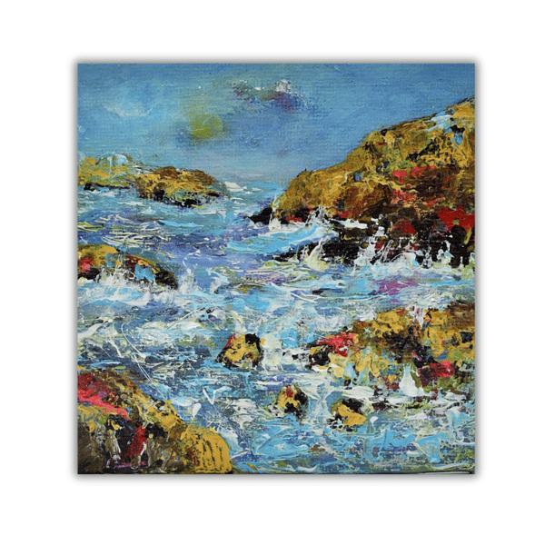 A framed Scottish coastal landscape. Acrylic on canvas. Rough seas.