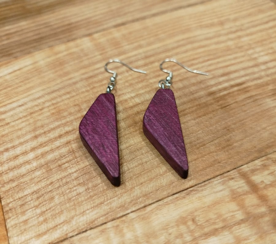 Handmade Wooden Earrings - Geometric 'Triangles' in Purpleheart