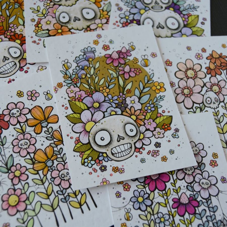 golden summer skull - original illustration aceo