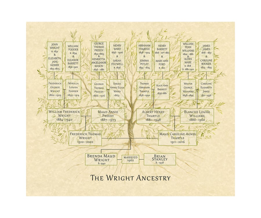 Family Tree Chart for ancestors and descendants including aunts, uncles, cousins