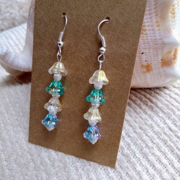 Czech moulded glass flowers with silvertone beads EARRINGS