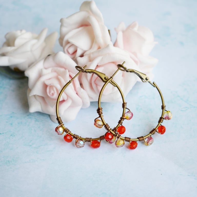 Orange Beaded Hoop Earrings