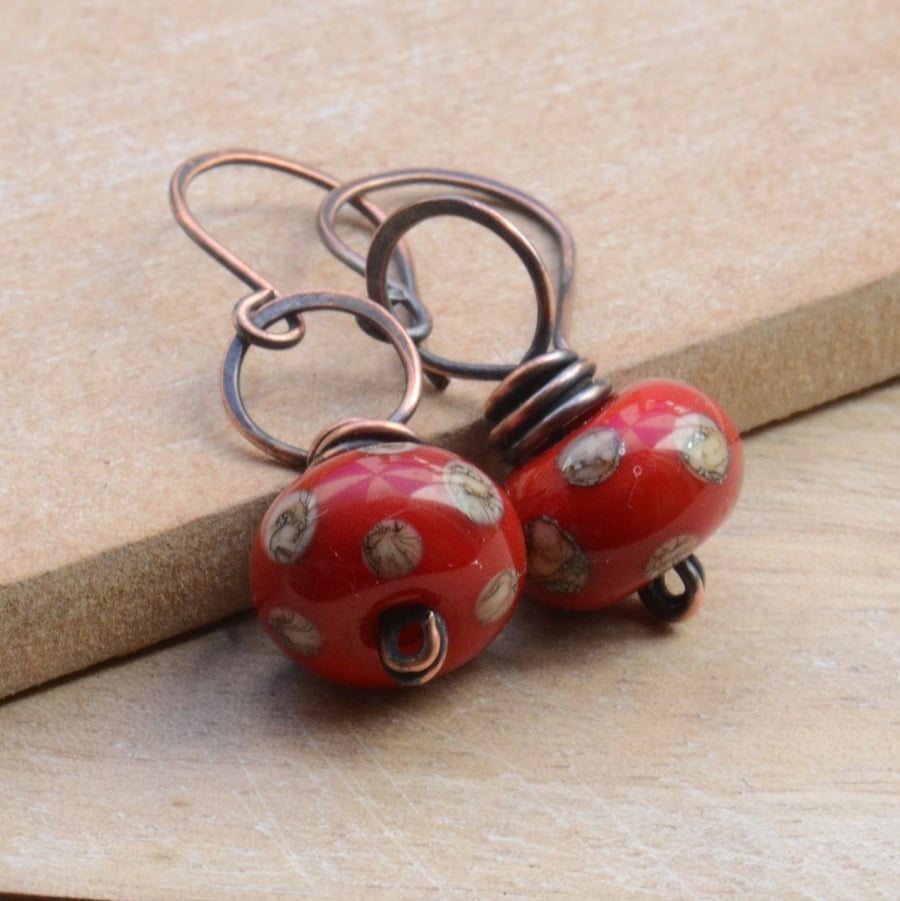 Red Lampwork Glass Bead & Copper Earrings