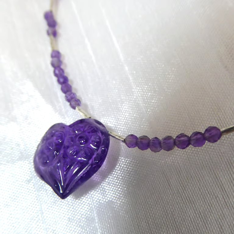 Amethyst Carved Heart Necklace with Sterling and Fine Silver February Birthstone