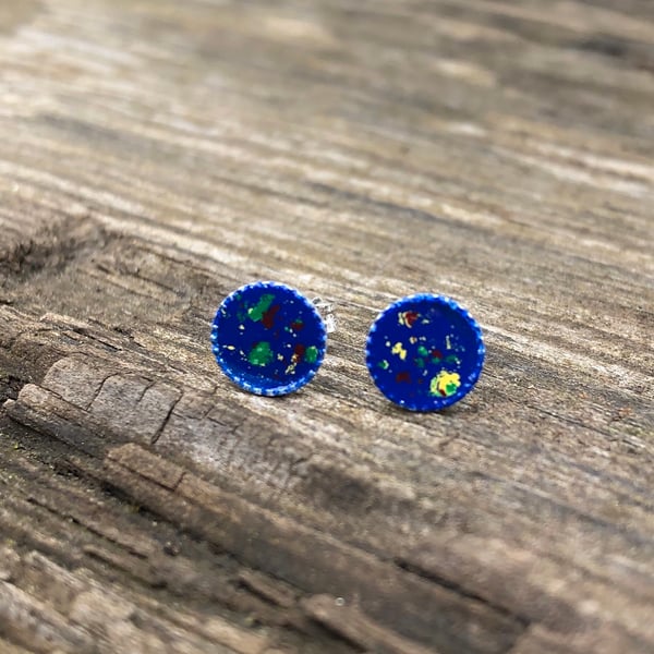 Blue, green, yellow & red Sterling Silver Hand Enamelled Stud Earrings. 