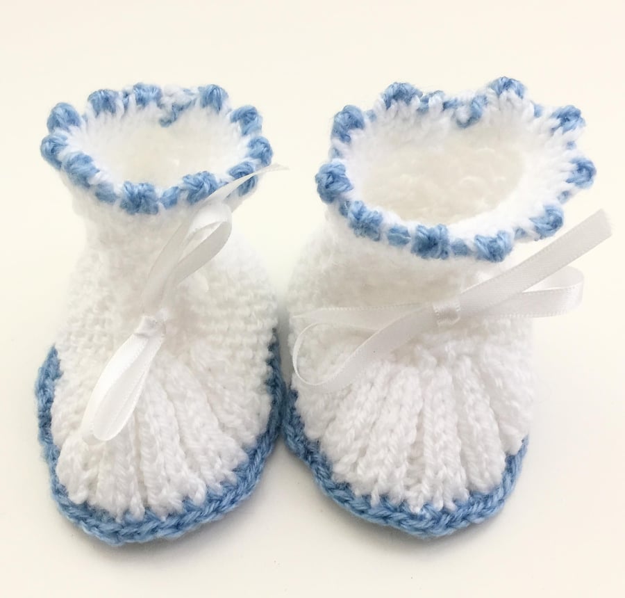 Cute Blue and White Baby Bootees 3-6 Months - UK Free Post