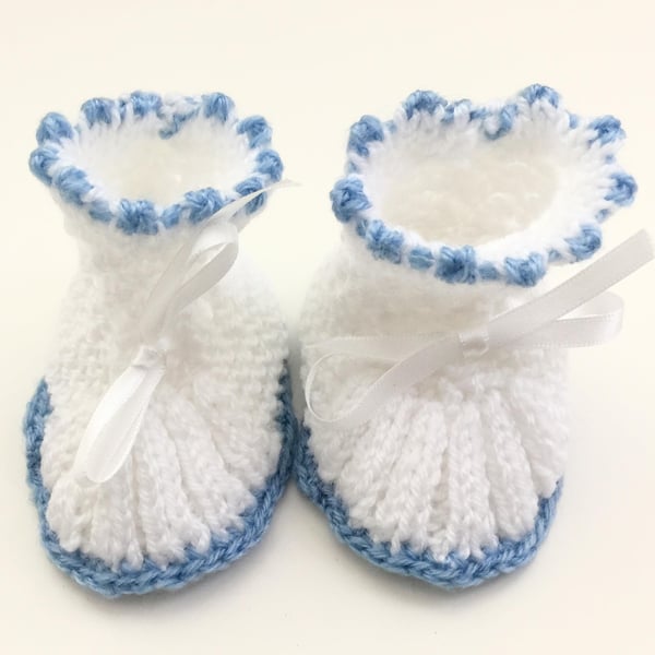 Cute Blue and White Baby Bootees 3-6 Months - UK Free Post