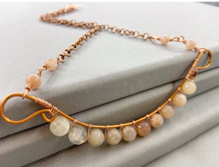 Multicoloured Moonstone Wire Wrapped Bar Pendant on 18 Inch Rose Gold Chain