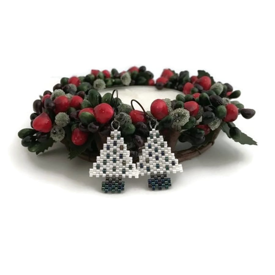 Gunmetal Plated Black & White Christmas Tree Earrings