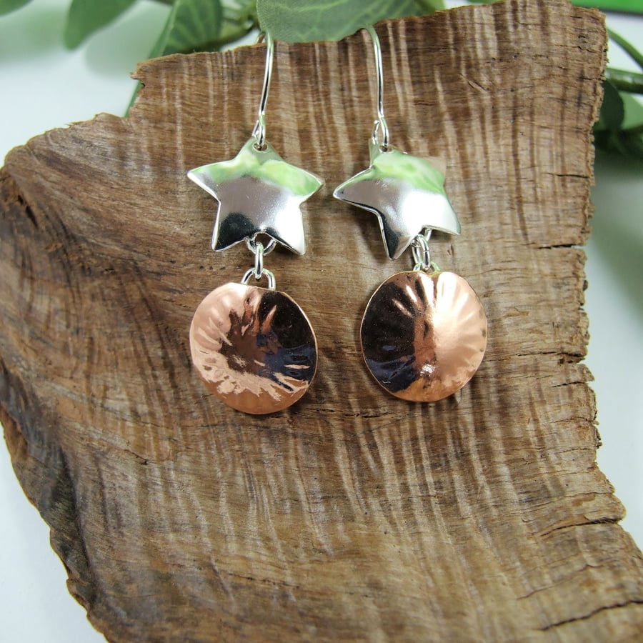Earrings, Sterling Silver and Copper Wish Upon a Star Dropper Earrings