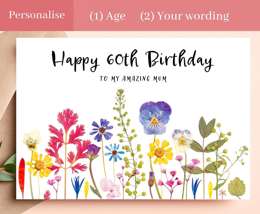 Personalise Flower Birthday Card Pressed Wildflower Card Any Age Birthday Card C