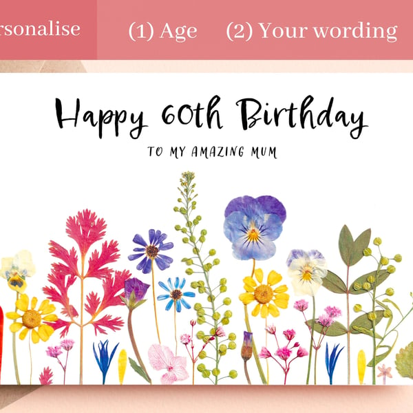 Personalise Flower Birthday Card Pressed Wildflower Card Any Age Birthday Card C