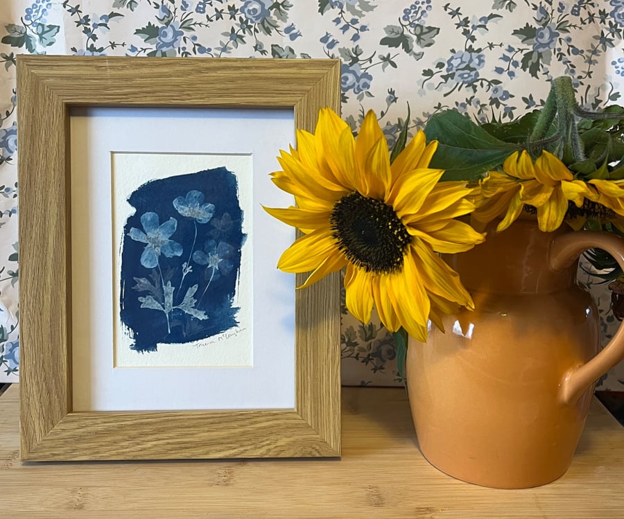 Original floral cyanotype print in a white mount, ready to frame. 