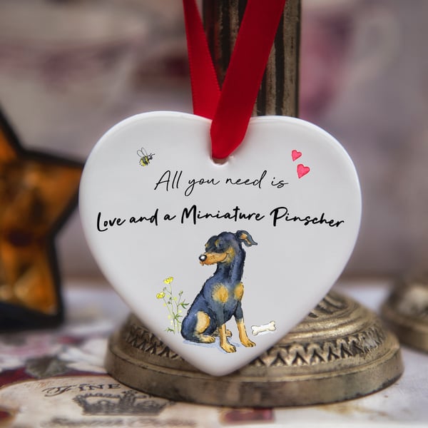 Love and a Miniature Pinscher Ceramic Heart