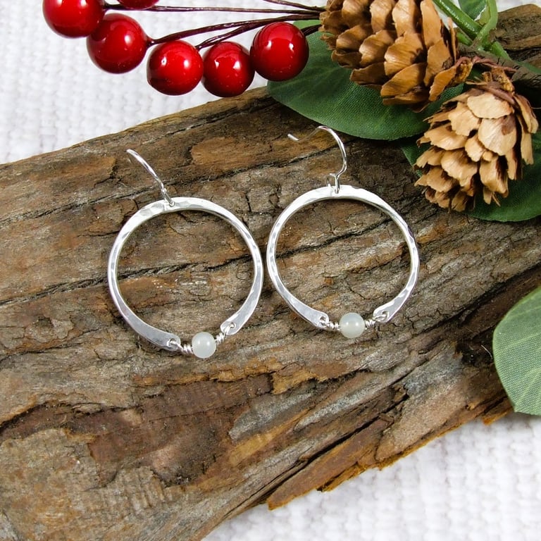 Earrings, Sterling Silver Hoops with Moonstone Gemstones