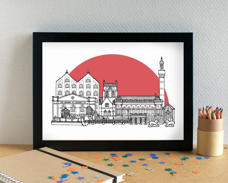 Grimsby Landmarks Skyline Art Print
