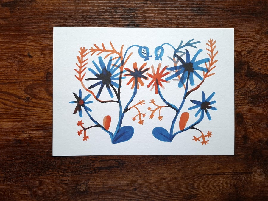 A4 Landscape Pattern Art Print Made With Tangerine Orange and Teal India Ink