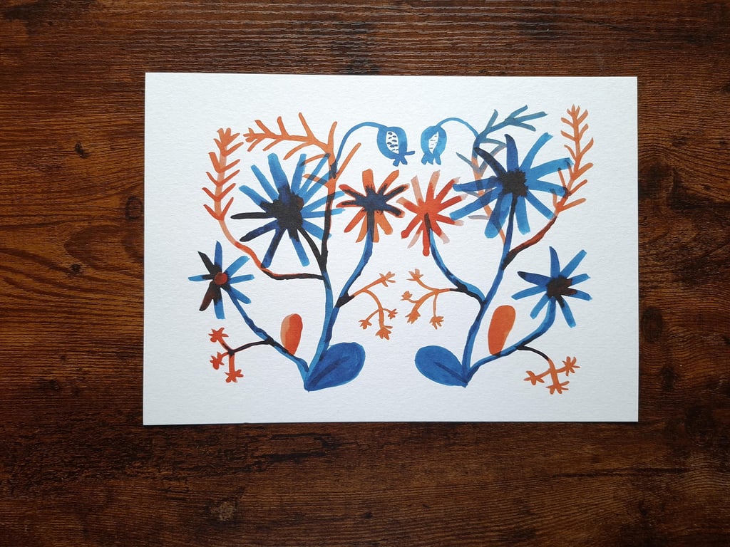 A4 Landscape Pattern Art Print Made With Tangerine Orange and Teal India Ink