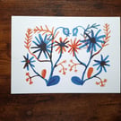 A4 Landscape Pattern Art Print Made With Tangerine Orange and Teal India Ink