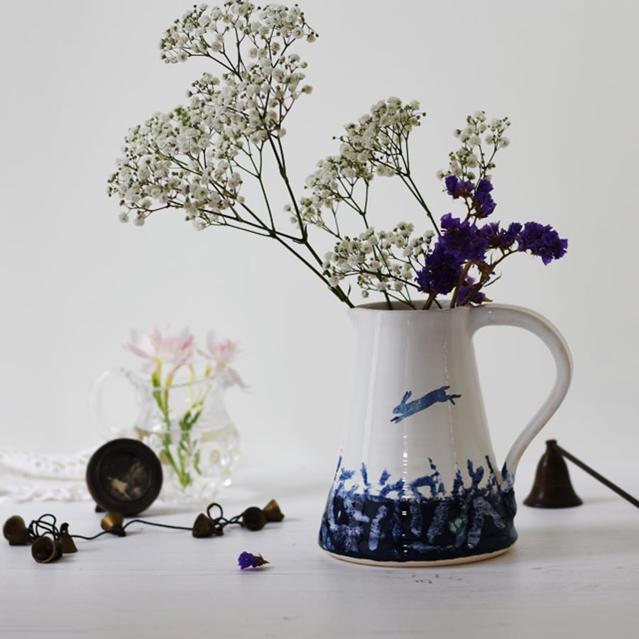 Ceramic pitcher with hare, blue and white illustrated ceramics, handmade pottery