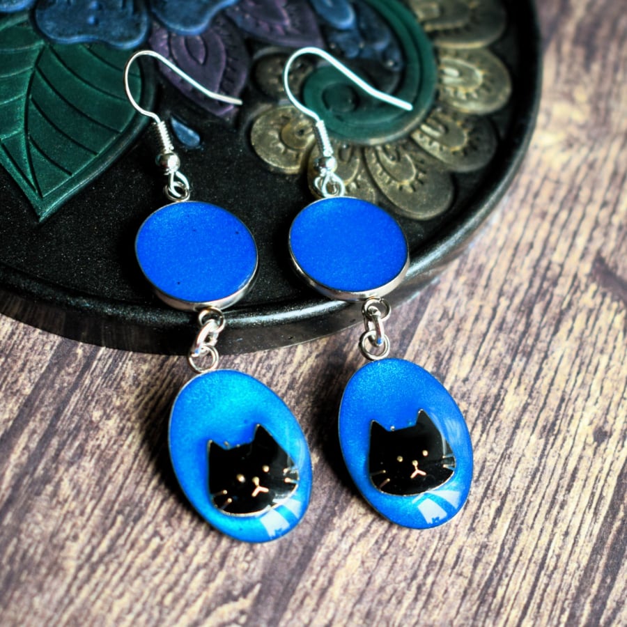 Black Cat Earrings, Black Cat Face on Blue Background Drop Earrings