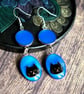 Black Cat Earrings, Black Cat Face on Blue Background Drop Earrings