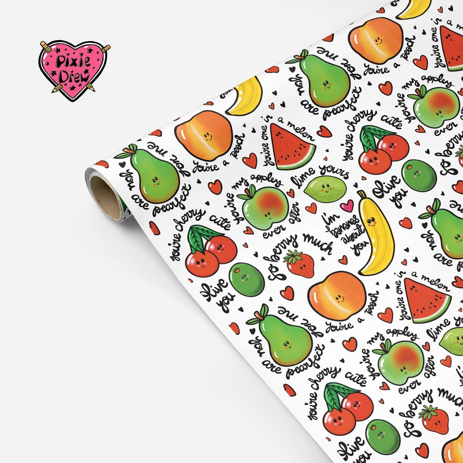 Image of Fruity wrapping paper with punny fruit illustrations