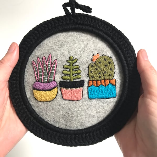 Cactus Trio Hand Embroidered Hoop Art Wall Decoration