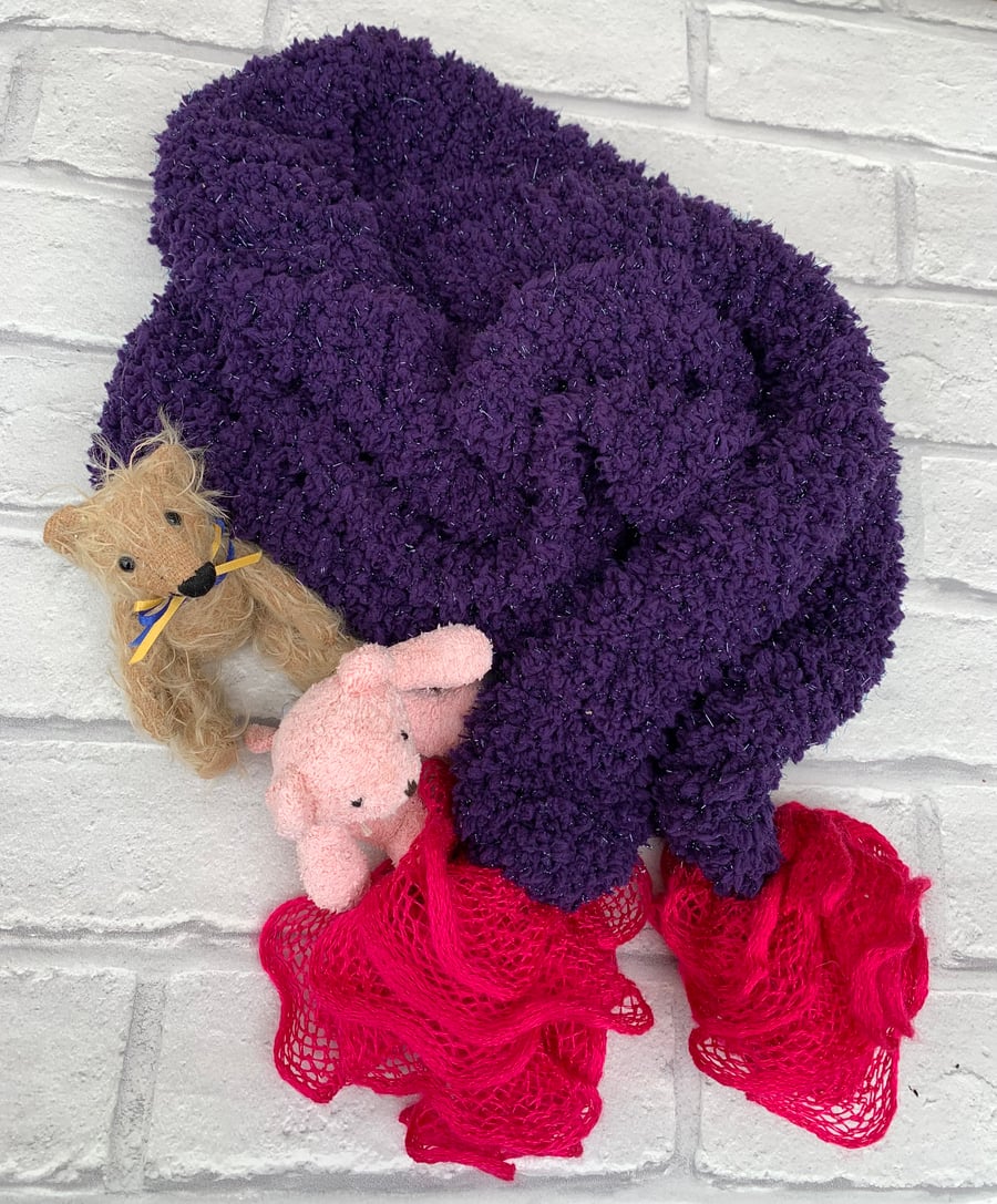 Knitted purple scarf with hot pink pom poms , girls scarf 