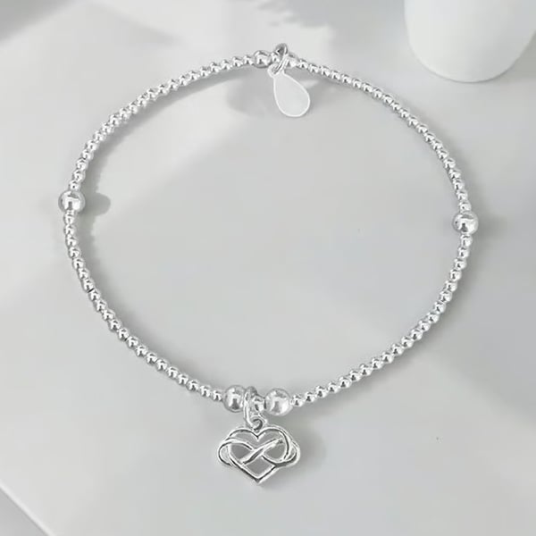 Sterling Silver Infinity Heart Charm Stretch Bracelet 925