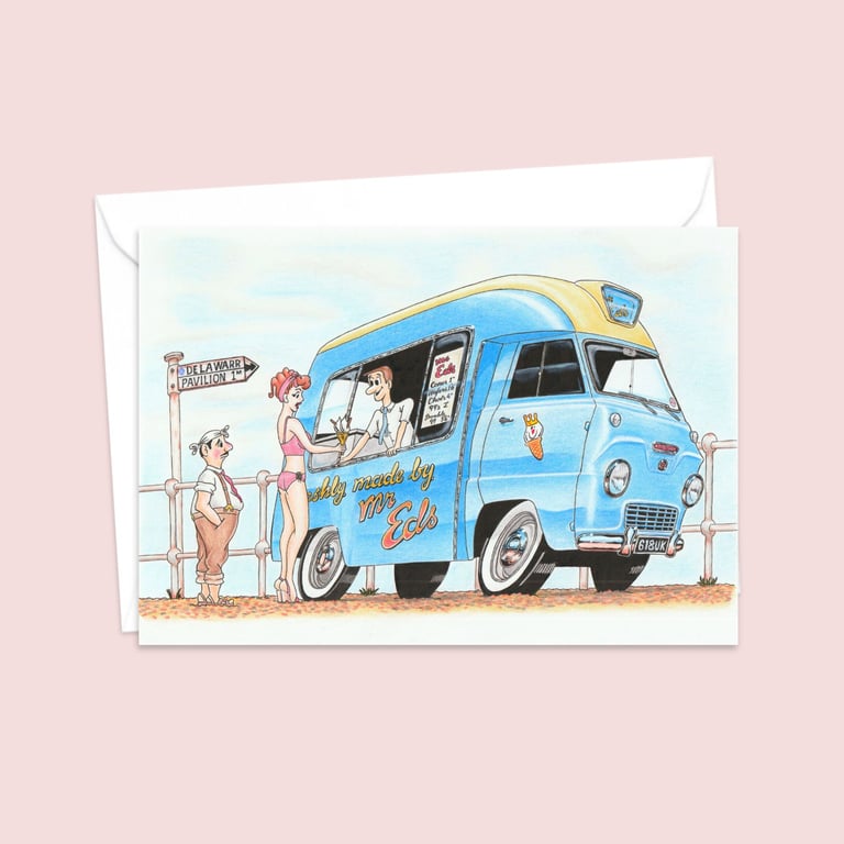 Seaside Ice Cream Van Greetings Card: Postcard Style Pencil Illustration (804)