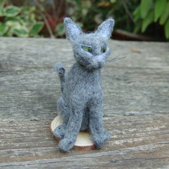 Needle felt grey cat, collectable animal sculpture, ornament or decoration