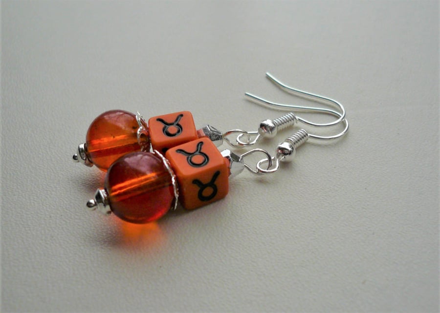 Orange TAURUS  Zodiac Sign Dangle Glass Acrylic Cube Bead Earrings   KCJ3974
