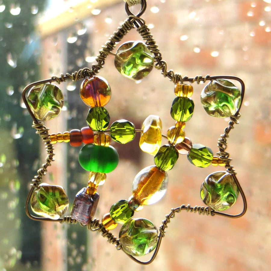 Beaded Wire Star Bauble - Olive, Green, Topaz & Bronze Christmas Decoration