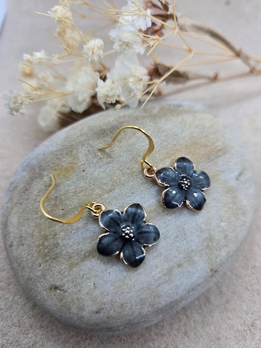 handmade hypoallergenic gold plated earrings with black sakura blossom charms